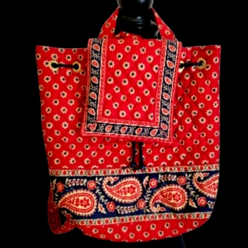 Vera Bradley Red Paisley Fabric Tote Backpack Purse Shoulder Bag Navy Flower